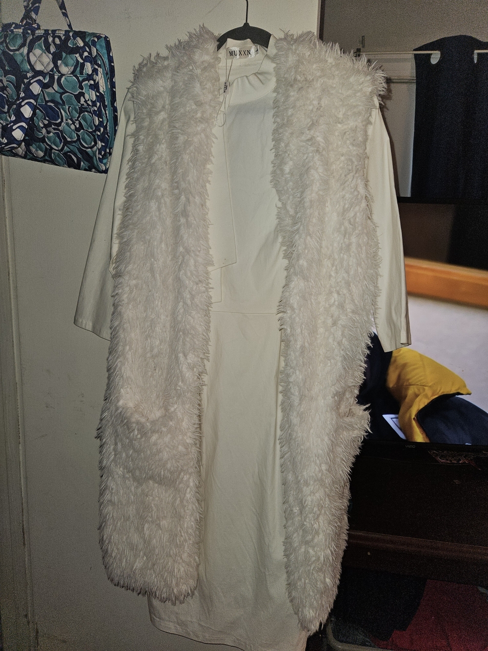 Miu Miu Cream Faux Fur Long Vest Over Dress